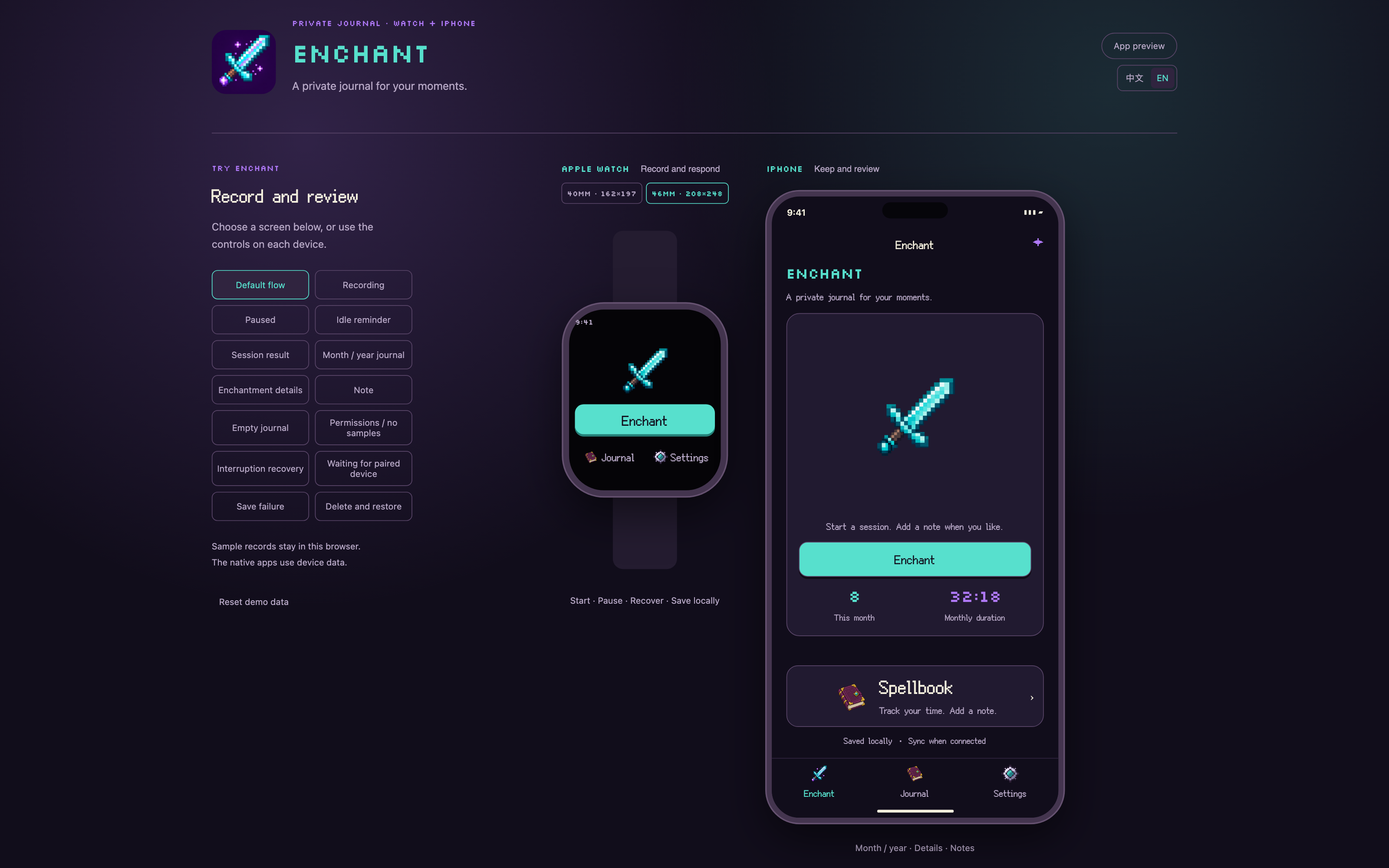 Enchant interactive dual-device preview showing Apple Watch and iPhone side by side