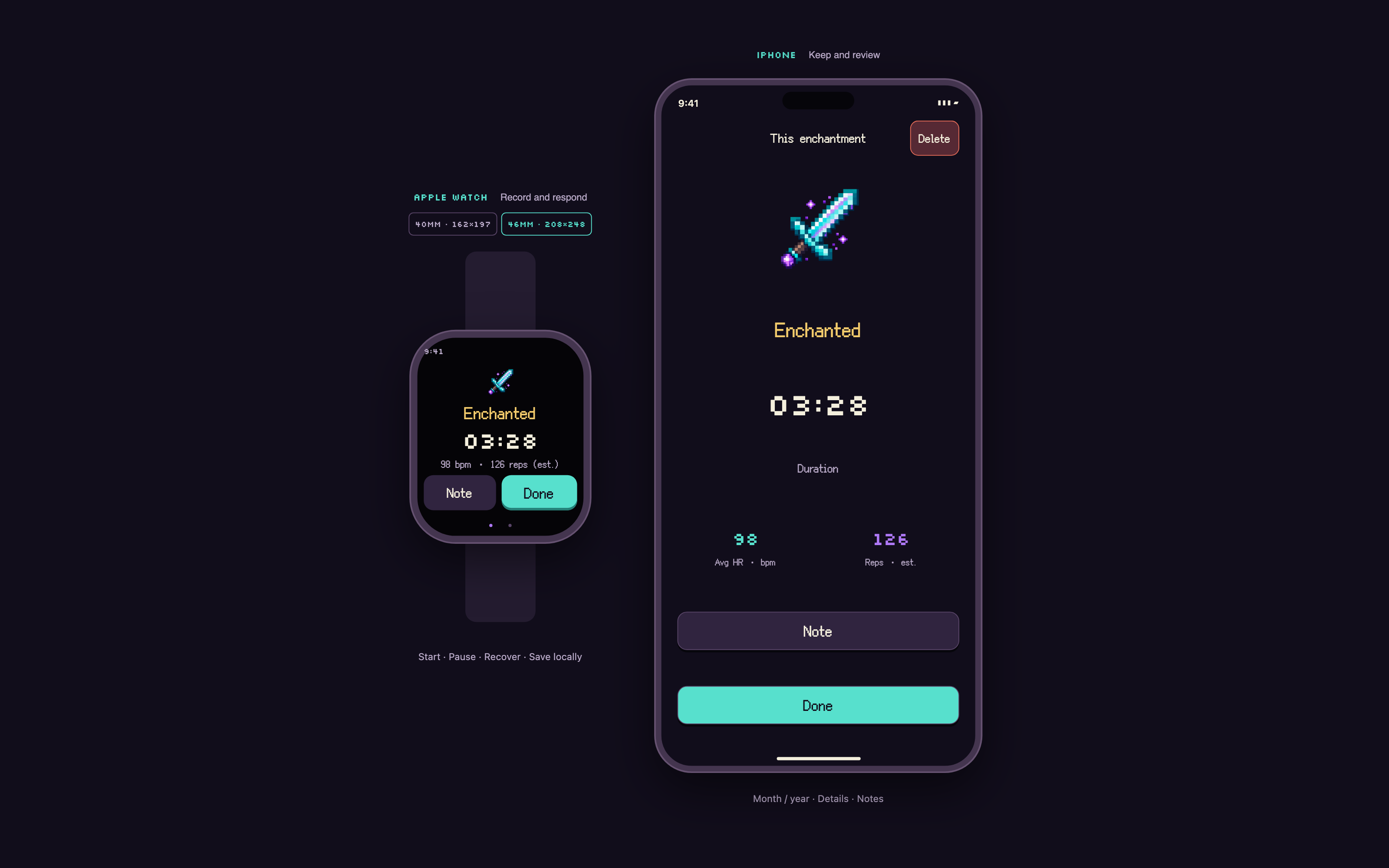 Session completion screen with enchanted sword on Apple Watch and iPhone