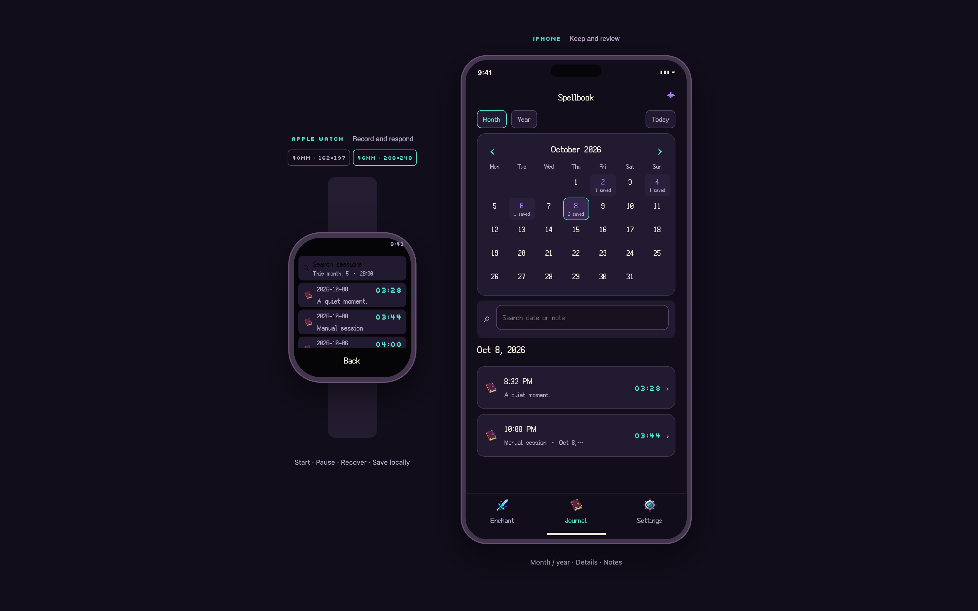Spellbook list on Apple Watch and Month/Year calendar on iPhone