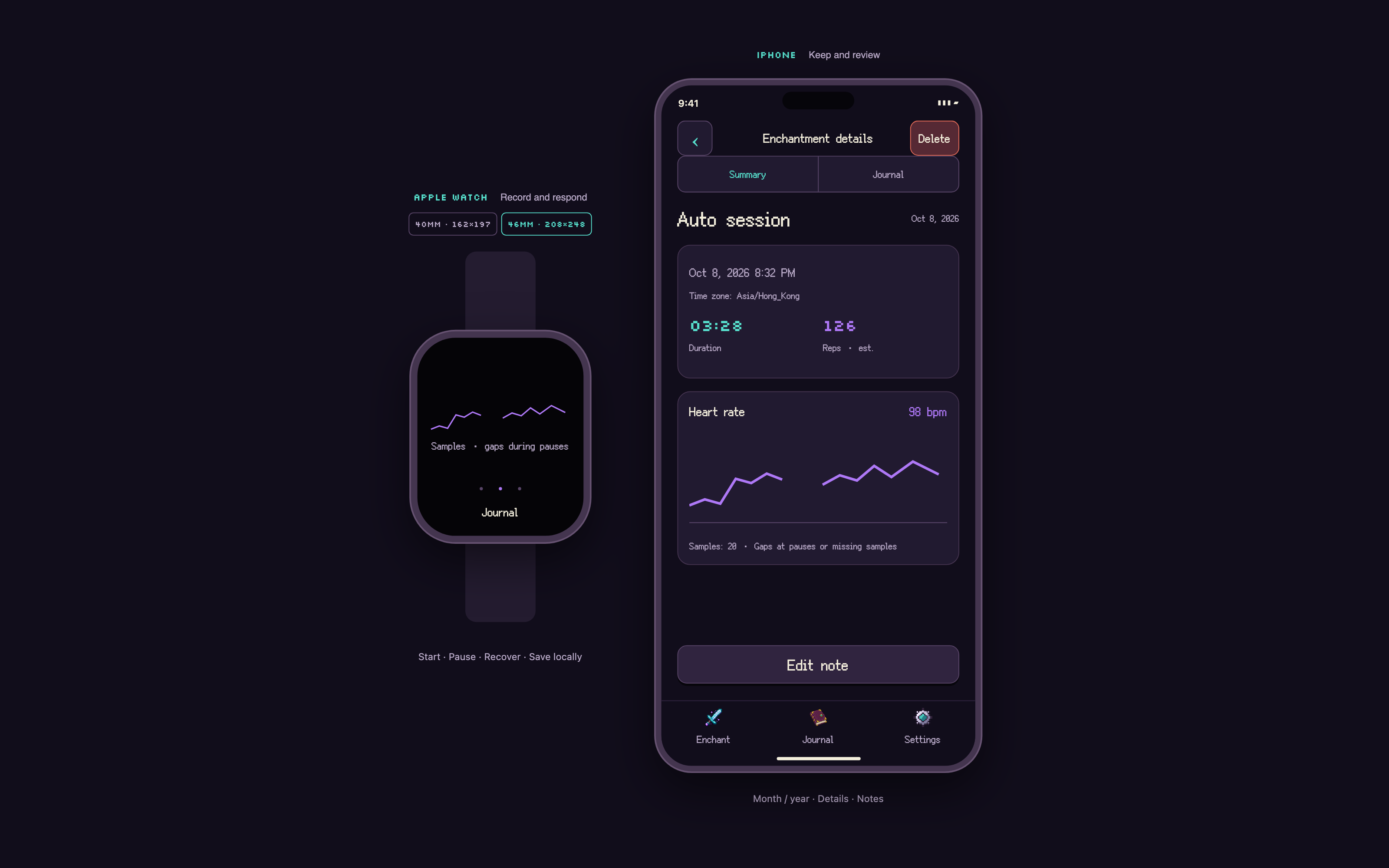 Heart-rate curve and session detail view on Apple Watch and iPhone